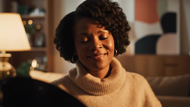 African American woman smiling with serene joy in cozy indoor setting. Cinematic closeup captures gentle expression evolving through subtle facial movements. Warm lamp light and relaxed pose evoke
