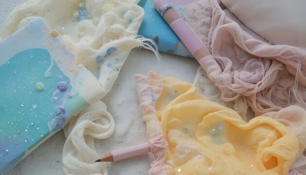 Pastel-colored notebooks and pencils on beige linen cloth