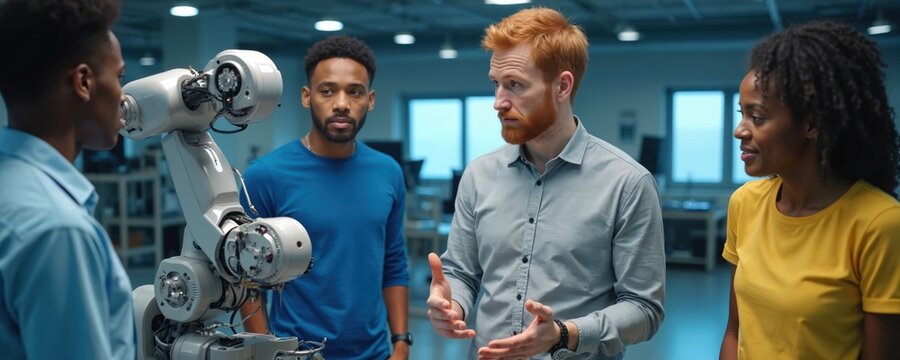 Teacher explains robot mechanics to diverse students. People in lab watch robotic arm operation. Future tech learning in modern workshop setting. Students and instructor.