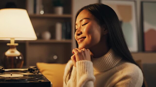 Asian woman smiling joyfully in cozy living room. Eyes closed in ecstasy then serene clasp hands prayer gesture. Cinematic closeup footage of emotional happiness