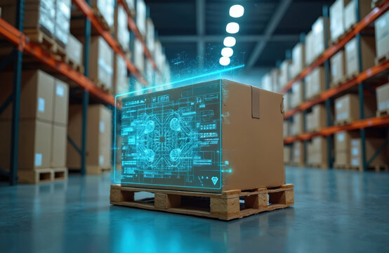 Package in warehouse displays futuristic holographic interface for logistics tracking. Advanced system uses digital data for efficient supply chain management, real time shipment updates. Visualizes