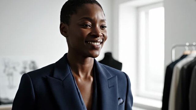 African American woman in tailored suit smiling during fitting session with male tailor. Professional attire adjustment in modern studio. Cinematic closeup footage of confident style transformation.