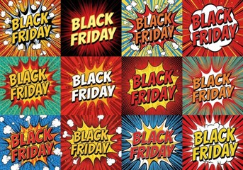 Comic book style black friday sale posters, a collection of dynamic and eyecatching designs for promotional campaigns. Explosive black friday sale graphics with comic book style