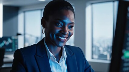 African American woman focused on stock market charts in modern office. Professional analyst reviewing financial data on multiple screens. Transitioning from concentration to smile at positive - Powered by Adobe
