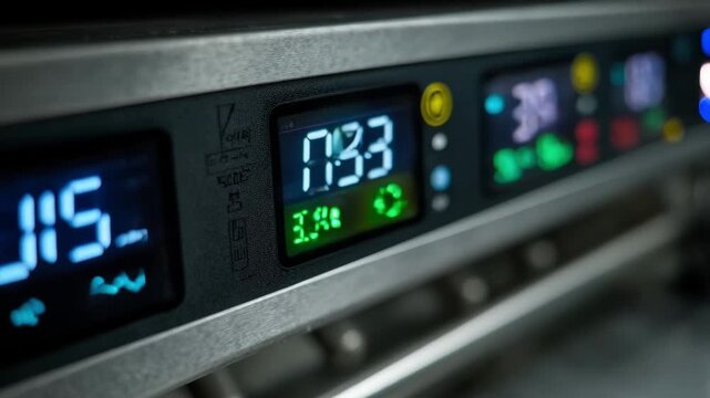 Closeup medium shot of a digital incubators display panel as it monitors humidity and temperature for precise ostrich egg incubation.