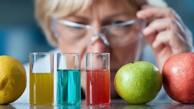 Closeup of a geneticist analyzing taste profiles and sweetness levels of newly developed hybrid citrus varieties in a modern lab.