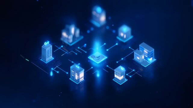 Buildings representing a network connected by glowing lines to a central processing unit, concept of smart city and data exchange - Powered by Adobe