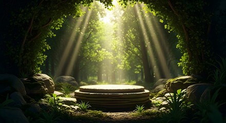 Mystical forest clearing with ancient stone pedestal bathed in sunbeams