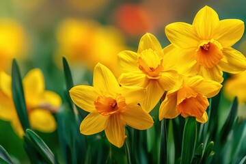 Obraz premium Close-Up View Of Bright Yellow Daffodils In Full Bloom Against A Softly Blurred Green Background