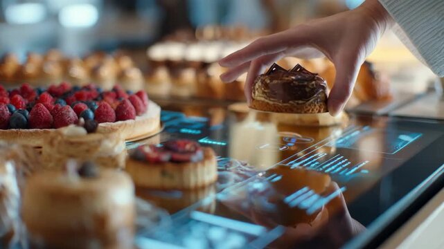 Medium shot focusing on a digital interactive pastry case with dynamic visuals and customer engagement set in a contemporary caf&eacute; setting.