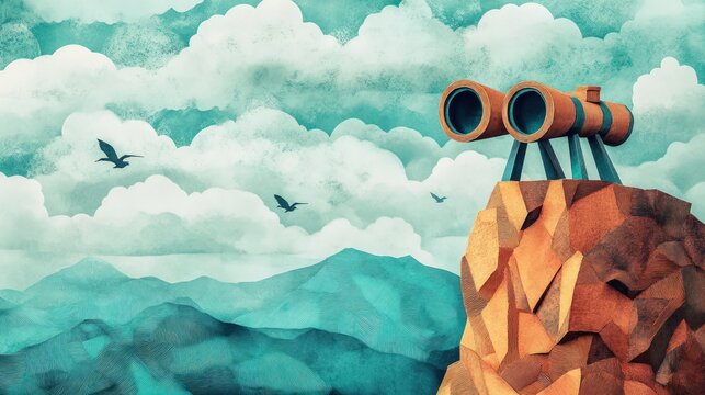 Binoculars on a rocky peak, watching distant, misty mountains - Powered by Adobe