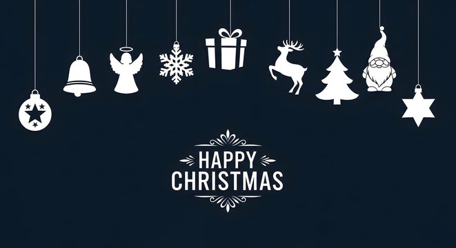 Collection of white christmas ornaments hanging against a dark blue background