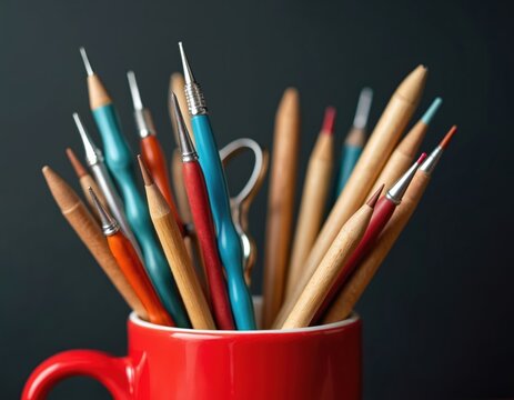 Collection of art tools like carving knives and styluses stored in red mug. Various sculpting and crafting implements for artists and hobbyists gathered together for creative projects.