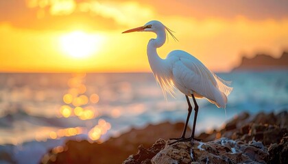 White Egret Stands On Rocky Shoreline Watching Golden Sunset Over Calm Ocean Water With Soft Waves And Sparkling Light Reflections