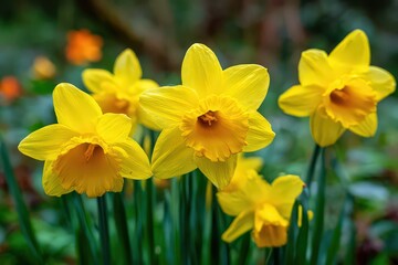 Close-Up View Of Group Of Yellow Daffodils In Full Bloom With Green Foliage Background