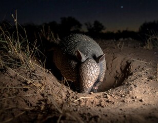 Obraz premium Armadillo emerging from burrow at night, under a star-speckled sky