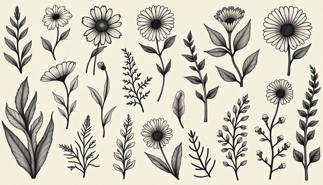 Collection of delicate hand drawn botanical elements. Includes daisies and various leaves and stems. Monochrome line art style, ideal for planners and stationery projects.
