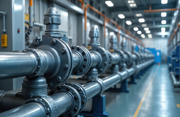 Modern industrial plant facility with complex network of gray steel pipes, many industrial valves. Automated pipeline system handles fluid transfer, energy production, water treatment, chemical