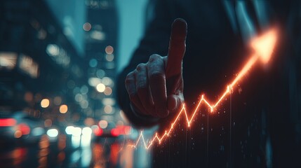 Business Growth In Night City With Hand Pointing Graph
