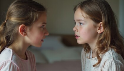 Two young sisters look at each other intently indoors. One sister speaks earnestly to the other. They are reconciling a disagreement. This image shows family connection and understanding.