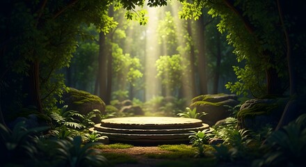 Enchanted forest clearing with a stone pedestal bathed in divine light
