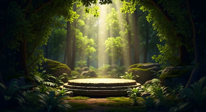 Enchanted forest clearing with a stone pedestal bathed in divine light