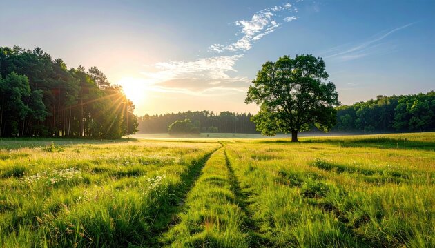 Vast Green Meadow Under Golden Morning Sunbeams With A Lone Oak Tree And A Dirt Path Leading To The Horizon