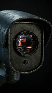 Close view of security camera with glitching lens, cyber surveillance concept for modern technology and data protection Vertical video