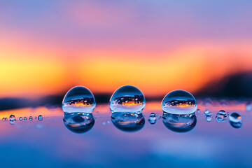 A soft twilight scene mirrored inside tiny water droplets
