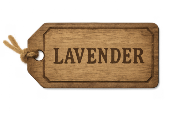 Wooden tag saying lavender hanging with twine