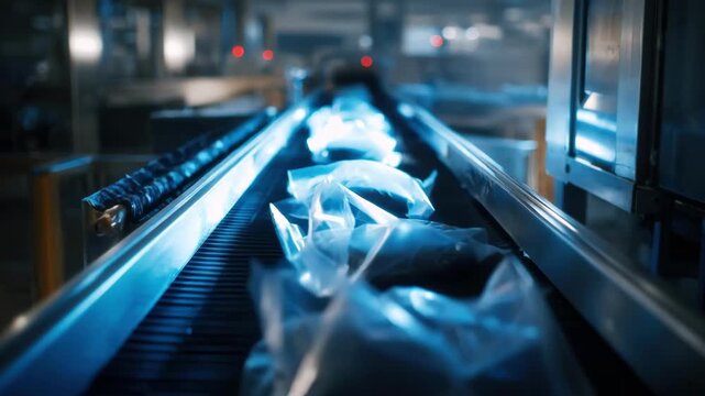 Medium shot of AIpowered system sorting clear plastic items on conveyor belt enhancing recycling efficiency with advanced optical sensors.