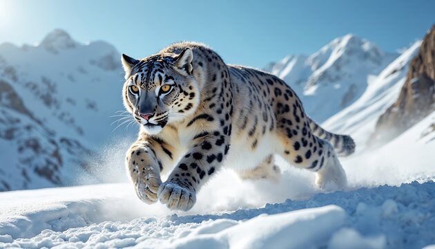 Snow leopard runs through deep snow on mountain slope. Predator moves fast in winter habitat with snow spraying from its paws. Wild animal hunts in cold, blue sky.