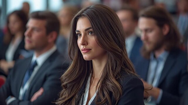 Attentive Young Businesswoman with Long Hair Listening Intently at a Corporate Conference or Seminar, Focused and Professional in a Modern Business...