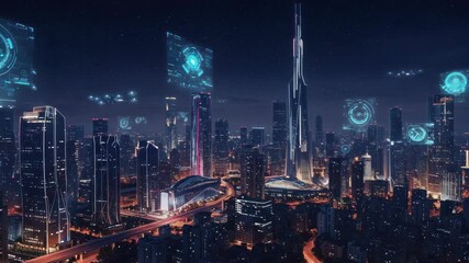 Futuristic cityscape illuminated at night with digital interface elements - Powered by Adobe