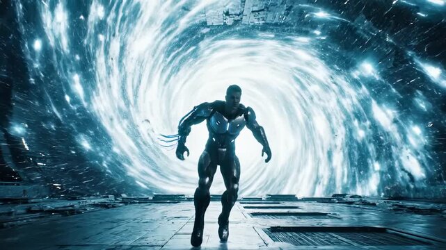 Futuristic Cyborg Warrior Navigates Through a Swirling Energy Portal.