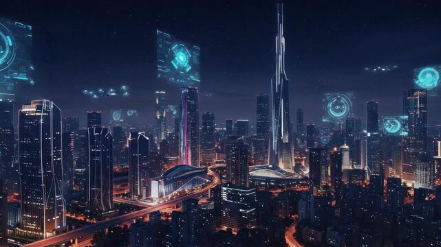 Futuristic cityscape illuminated at night with digital interface elements - Powered by Adobe