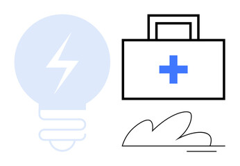 First aid kit with cross alongside light bulb featuring lightning, symbolizing energy and innovative ideas. Ideal for health, innovation, medicine, energy, creativity, care technology. Simple flat