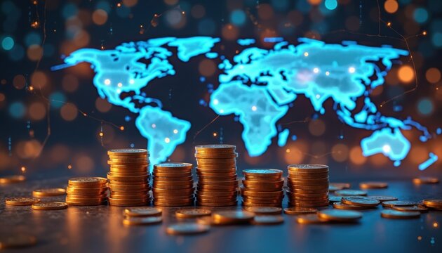 Golden coin stacks show wealth growth on dark surface. Glowing blue digital world map with bright points illustrates global connections, modern economy, digital trade. Image represents international