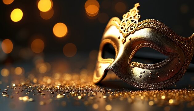 Luxurious golden carnival mask with intricate design rests on dark table. Shiny gold glitter scatters on surface around elegant masquerade mask. Warm out of focus bokeh lights glow in deep
