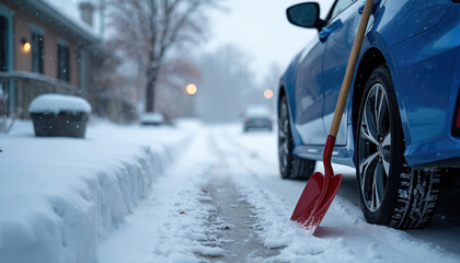 A blue car is parked on a snowy street. A red snow shovel leans against its tire. Fresh snow blankets the ground and sidewalk. It is a quiet winter morning in a residential neighborhood scene.