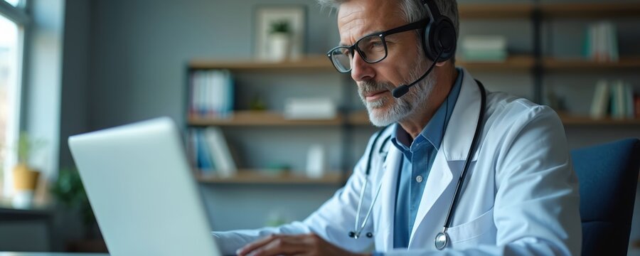 Mature male doctor wears headset, uses laptop for remote patient consultation. Telemedicine concept for virtual medical care and online health treatment from home office.