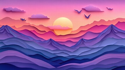 Layered paper mountains at sunrise, soft clouds, birds fly