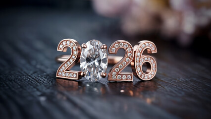 Elegant 2026 diamond jewelry design in rose gold with sparkling gemstones, symbolizing luxury, celebration, engagement, and new year elegance, macro close-up with soft bokeh and 8K cinematic studio 