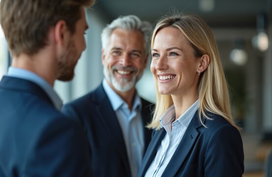Three diverse business people, woman, two men, stand, smile talking in bright modern office. Engage in friendly pro conversation. Colleagues communicate, collaborate, work together, enjoying business
