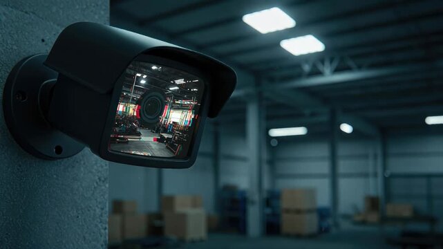 Security camera recording a man operating forklift in a warehouse, surveillance system for property protection and safety.