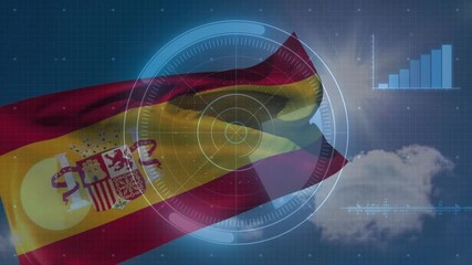 Sun flare starting Spanish flag waving, folding behind rotating HUD showing crest and bar chart - Powered by Adobe