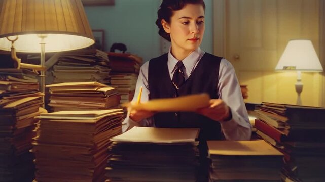 Diligent Archivist Sorting Through Piles of Vintage Documents in a Warmly Lit Office Environment
