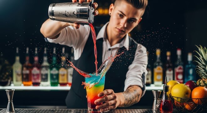 Skilled female bartender with tattoos expertly crafting a vibrant, splashing rainbow cocktail at a modern bar during happy hour