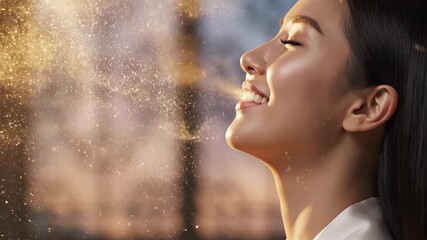 Cinematic closeup profile of asian woman blowing golden sparkles from mouth in serene expression against window. Magical breath visualization and fantasy beauty concept. Artistic slow motion footage