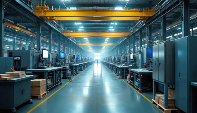Vast factory floor with rows of automated machinery and workstations. Overhead crane spans the industrial space. Clean organized production lines with control panels and monitors.